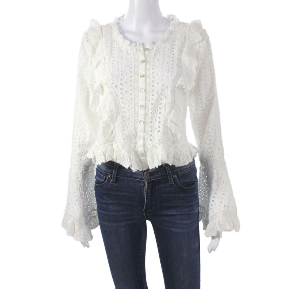 Love Shack Fancy Women Cropped White Cotton Blouse Long Sleeve Size S